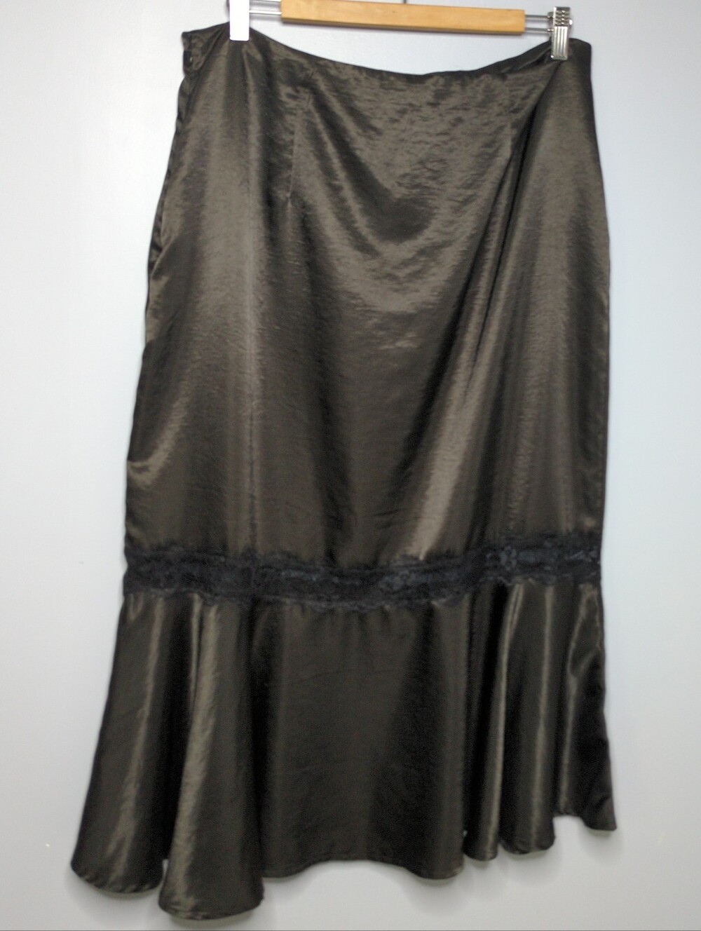 Adiva NWT Black Satin Lace Trim Ruffle Hem Midi Slip Skirt XL